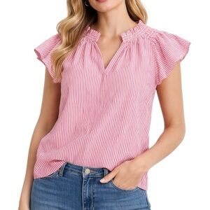 J. Crew Pink White Striped Flutter Sleeve Cotton Blouse Size Large
